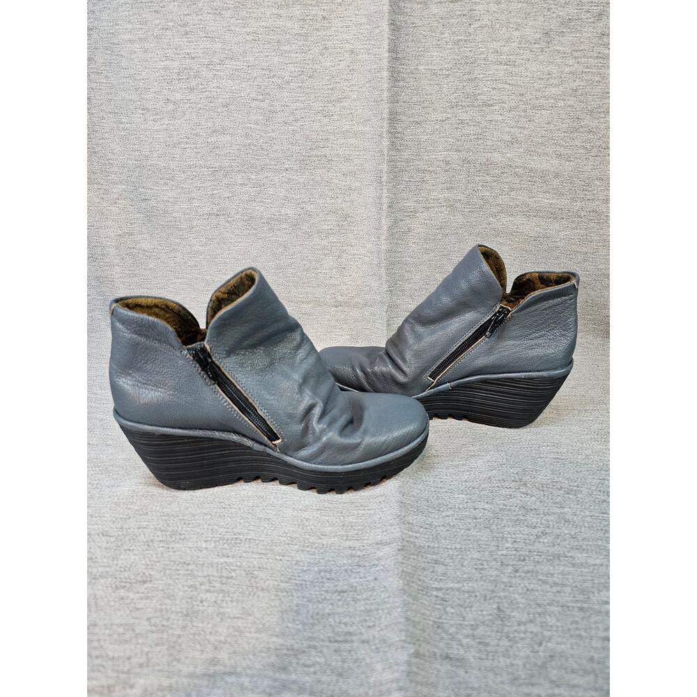 Fly London Yip Wedge Boots Women's 37 6.5 Blue Reef Mousse Leather Heels Shoes - Picture 7 of 9